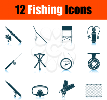Fishing Icon Set. Shadow Reflection Design. Vector Illustration.