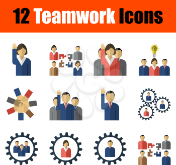 Set of 12 icons on Teamwork theme. Flat Design. Fully editable vector illustration. Text expanded.