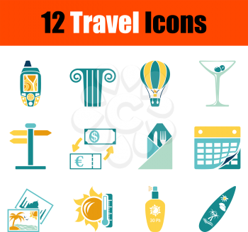 Travel Icon Set. Stencil in Blue and Yellow Tones Design. Vector Illustration.