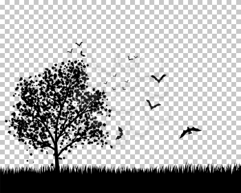 Lonely  maple tree in the meadow with flying bats. EPS 8 Vector illustration. All objects are separated.