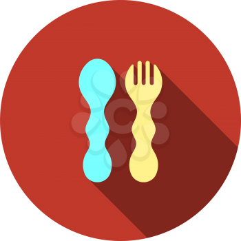 Baby Spoon And Fork Icon. Flat Circle Stencil Design With Long Shadow. Vector Illustration.