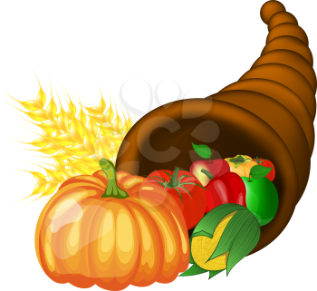 Thanksgiving day greeting card. Design consist from cornucopia pumpkin, pepper, tomato, apple, ears of wheat and corn over white background.  Very cute and warm colors. Vector illustration.