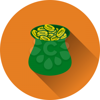 Open Money Bag Icon. Flat Circle Stencil Design With Long Shadow. Vector Illustration.
