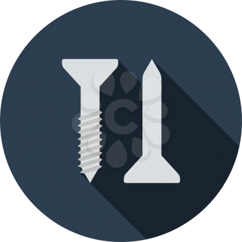 Icon Of Screw And Nail. Flat Circle Stencil Design With Long Shadow. Vector Illustration.