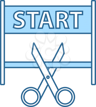 Scissors Cutting Tape Between Start Gate Icon. Thin Line With Blue Fill Design. Vector Illustration.