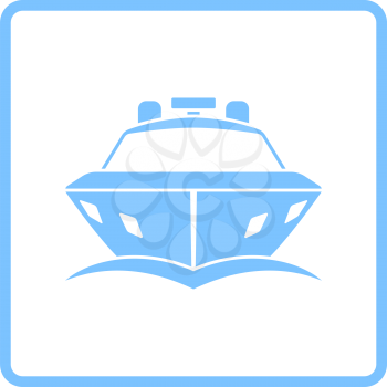 Motor Yacht Icon Front View. Blue Frame Design. Vector Illustration.