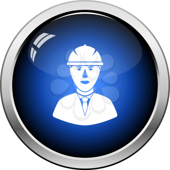 Icon Of Construction Worker Head In Helmet. Glossy Button Design. Vector Illustration.