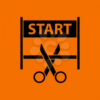 Scissors Cutting Tape Between Start Gate Icon. Black on Orange Background. Vector Illustration.