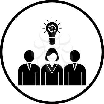 Corporate Team Finding New Idea With Woman Leader Icon. Thin Circle Stencil Design. Vector Illustration.