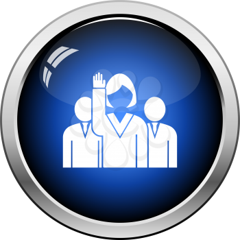 Voting Lady With Men Behind Icon. Glossy Button Design. Vector Illustration.