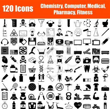 Set of 120 Icons. Chemistry, Computer, Medical, Fitness Themes, Black Color Stencil Design. Vector Illustration.
