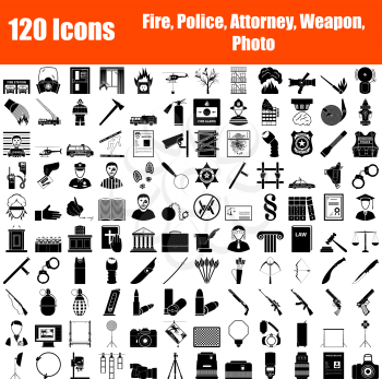 Set of 120 Icons. Fire Service, Police, Lawyer, Weapon, Photo themes. Black Color Stencil Design. Vector Illustration.