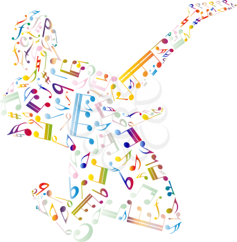 Musical background with guitarist from colorful notes. Vector illustration. 