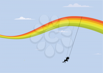 Royalty Free Clipart Image of a Little Girl Swinging on a Rainbow