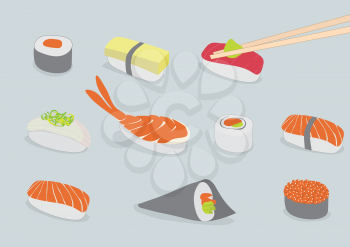 Royalty Free Clipart Image of Types of Sushi