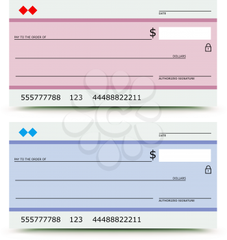 Vector illustration of bank check in two variations -  pink and blue