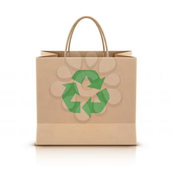 Vector illustration of environmentally friendly paper shopping bag with paper handles and green recycle logo on the front