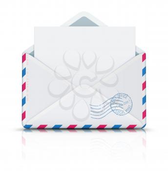 Vector illustration of open blank airmail envelope with rubber stamp