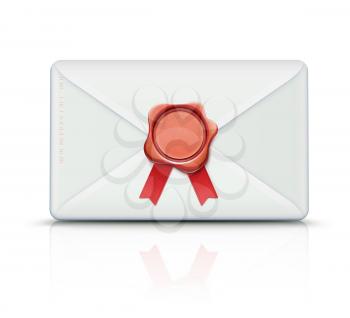 Vector illustration of close detailed post envelope and red old-fashioned wax seal with ribbons and copy space for your own text and images