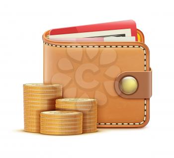 Vector illustration of realistic closed wallet with banknotes, credit card and stack of coins isolated on a white background.