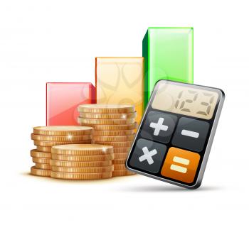 Vector illustration of business concept with finance graph, calculator and stacks of golden coins