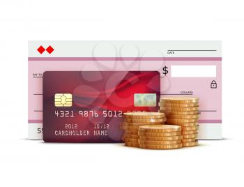 Vector illustration of business concept with red credit card, bank check and stacks of golden coins