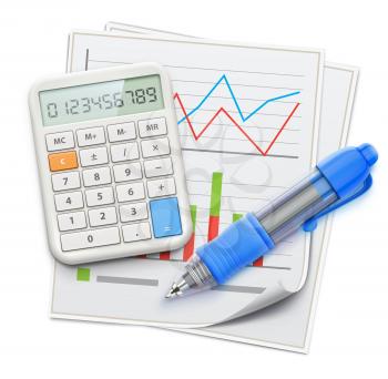 Vector illustration of business concept with finance graphs, blue ballpoint pen and electronic calculator 