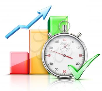 Vector illustration of timing concept with classic stopwatch, finance graph and check mark