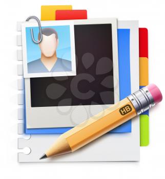 Vector illustration of modern stylized blank page with bookmarks, retro polaroid photo frame and detailed pencil 