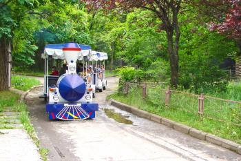 Walking train in summer city park.