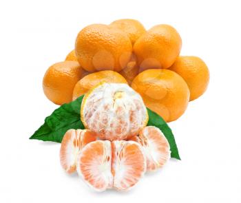 Whole and peeled tangerines on a white background