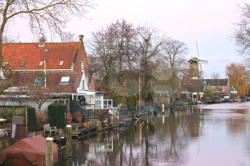Dawn on the river in Dutch town Loenen. . Netherlands