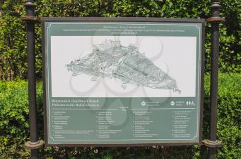 FLORENCE, ITALY - MAY 08, 2014: information board in the Boboli gardens, are one of the most famous works of landscape art of the XVI century.