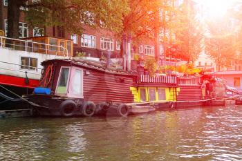 Boats on a canal in Amsterdam. Netherlands
