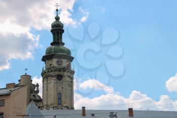 Bell tower of Lviv Bernardine Cathedral. Bernardine church and monastery located in Old Town of Lviv, south of market square. Ukraine