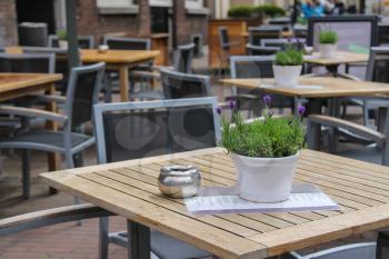 Pots with decorative flowers on the tables of outdoor street cafe