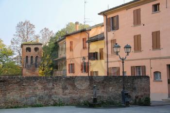 Old buildings in historic city center of Vignola, Italy