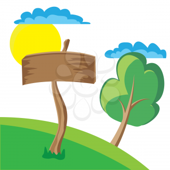 Royalty Free Clipart Image of a Wooden Board Sign with Clouds Sun and Tree