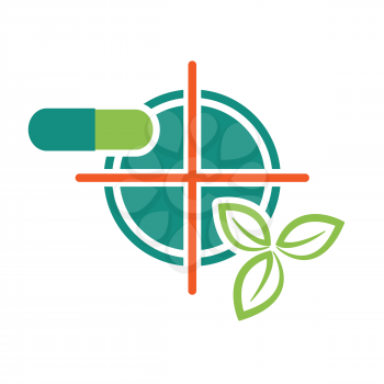 Pill and green leaves on target symbol as natural ingradient pharmacy health concept vector illustration.