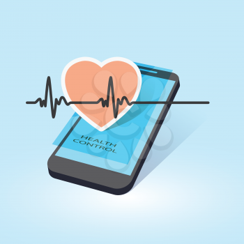 mobile device with heart beat symbol as online health control vector illustration
