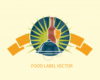 food emblem label with wine bottle, wineglass and dish abstract vector illustration