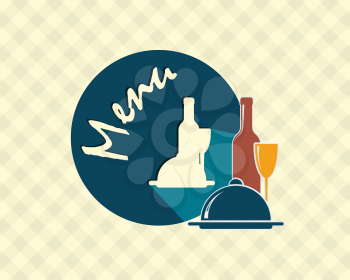 menu label with wine bottle, wineglass and dish abstract vector illustration 