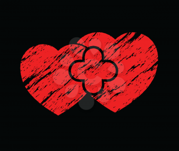 two red grunge hearts on black background abstract vector illustration