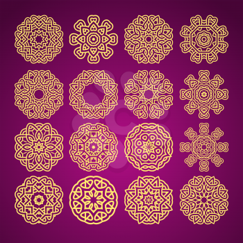 mandala flower motif with heart symbol abstract pattern set vector bright yelllow on dark violet background illustration