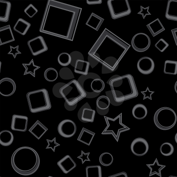 Stars, circles and squares seamless pattern. Dark vector illustration. Geometric forms abstract background.