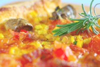 Green herb cooking closeup. Hot pizza with spice leaf traditional food. Baked snack homemade eating. Mushroom tomato vegetable ingredients.