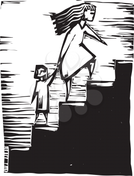 Royalty Free Clipart Image of  a Woman and Child Walking Upstairs