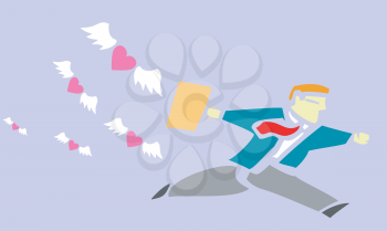 Royalty Free Clipart Image of a Businessman Running From Winged Hearts
