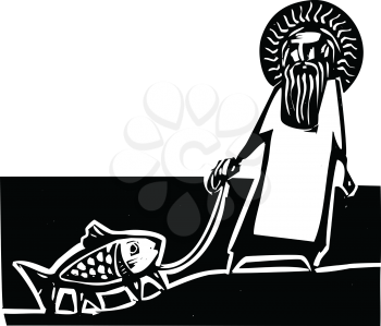 God taking a walk with a Darwin legged fish.
