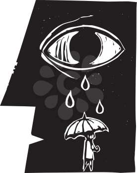 Tears from a profile of a face fall on an umbrella carrying person.